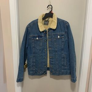 Primark blue denim jacket with a shearling collar and inner lining.